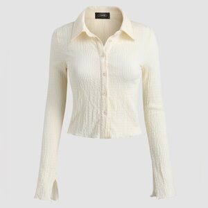 White Texture Solid Bell Sleeve Crop Button Down Shirt Size XS